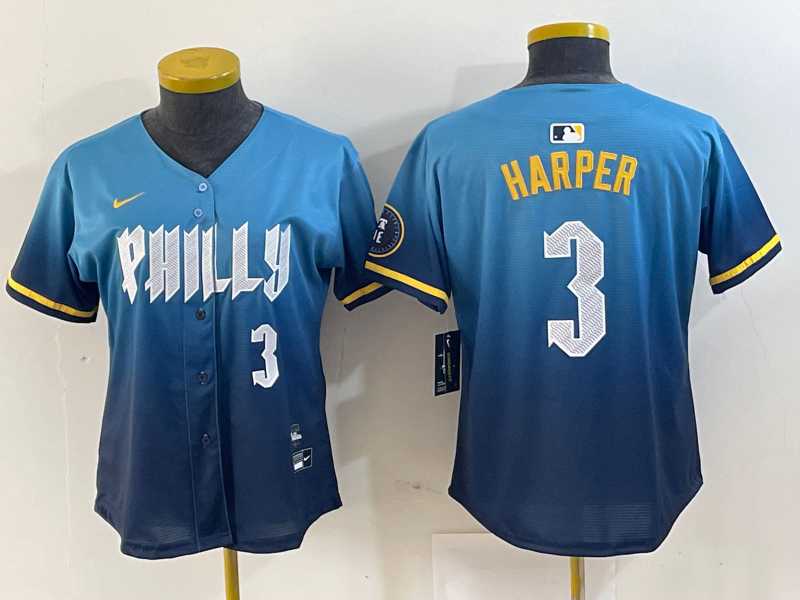 Womens Philadelphia Phillies #3 Bryce Harper Number Blue 2024 City Connect Limited Stitched Jerseys